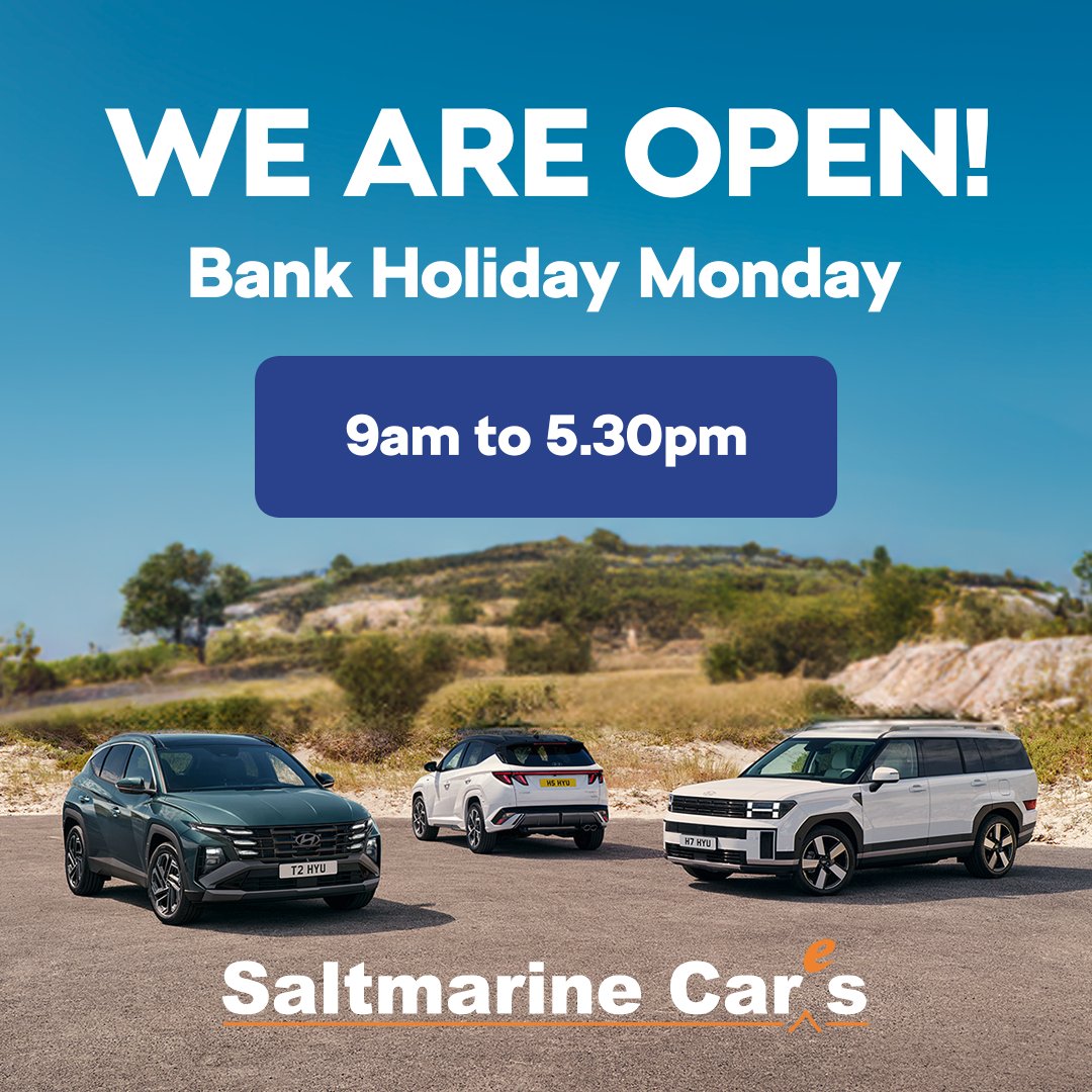 All departments at Saltmarine Cars will be open as usual this Bank Holiday Monday 9am to 5:30pm. Why not pop down and take advantage of our latest offers on Hyundai, Mazda and Motability or browse our great selection of used cars. saltmarine.com