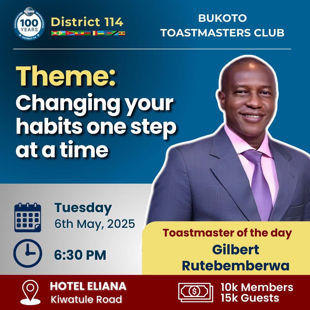 Join us on Wednesday, 6th May at 6:00 PM, Hotel Eliana, for an amazing #toastmasters meeting where we shall explore how to change habits one step at a time. #publicspeaking