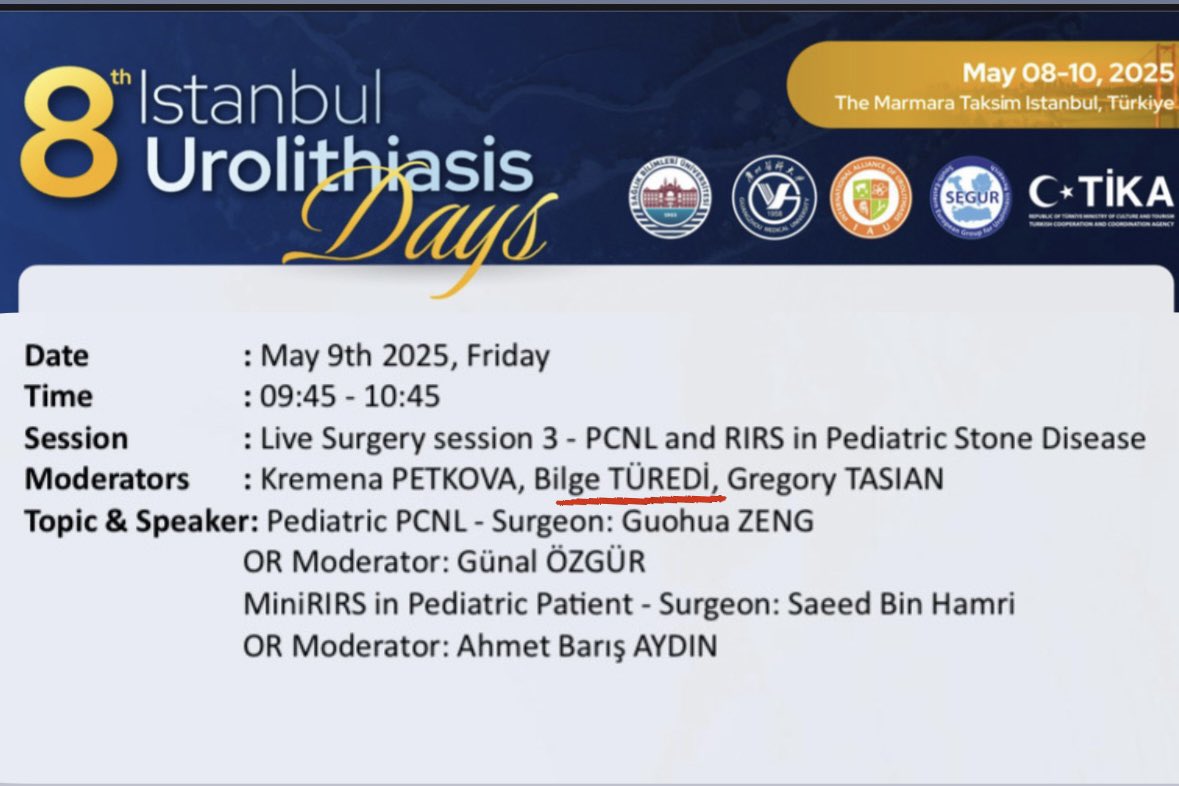 Bilge Turedi (@bilgeturedi_) on Twitter photo Join us on May 9 during the 8th International Urolithiasis Days in #istanbul for a special session featuring live #pediatricPCNL and #MiniRIRS surgeries.
We’ll be joined by world-renowned experts in #pediatricstonedisease
Don’t miss it! #iud2025
<a href="/drkemalsarica/">Kemal Sarıca</a> <a href="/elgrecocan/">Murat Can Kiremit</a> Join us on May 9 during the 8th International Urolithiasis Days in #istanbul for a special session featuring live #pediatricPCNL and #MiniRIRS surgeries.
We’ll be joined by world-renowned experts in #pediatricstonedisease
Don’t miss it! #iud2025
<a href="/drkemalsarica/">Kemal Sarıca</a> <a href="/elgrecocan/">Murat Can Kiremit</a>