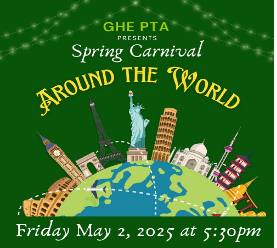 GHE Spring Carnival is today!!!! 
5:00 PM: Food Trucks &amp; Ticket Will Call/Purchases open
5:30 PM: Games and Activities open
7:30 PM: Teacher Experiences Auction, Raffle Baskets,
&amp; Games close
7:45 PM: Raffle Basket Winners are announced
10:00 PM: Online Silent Auction ends