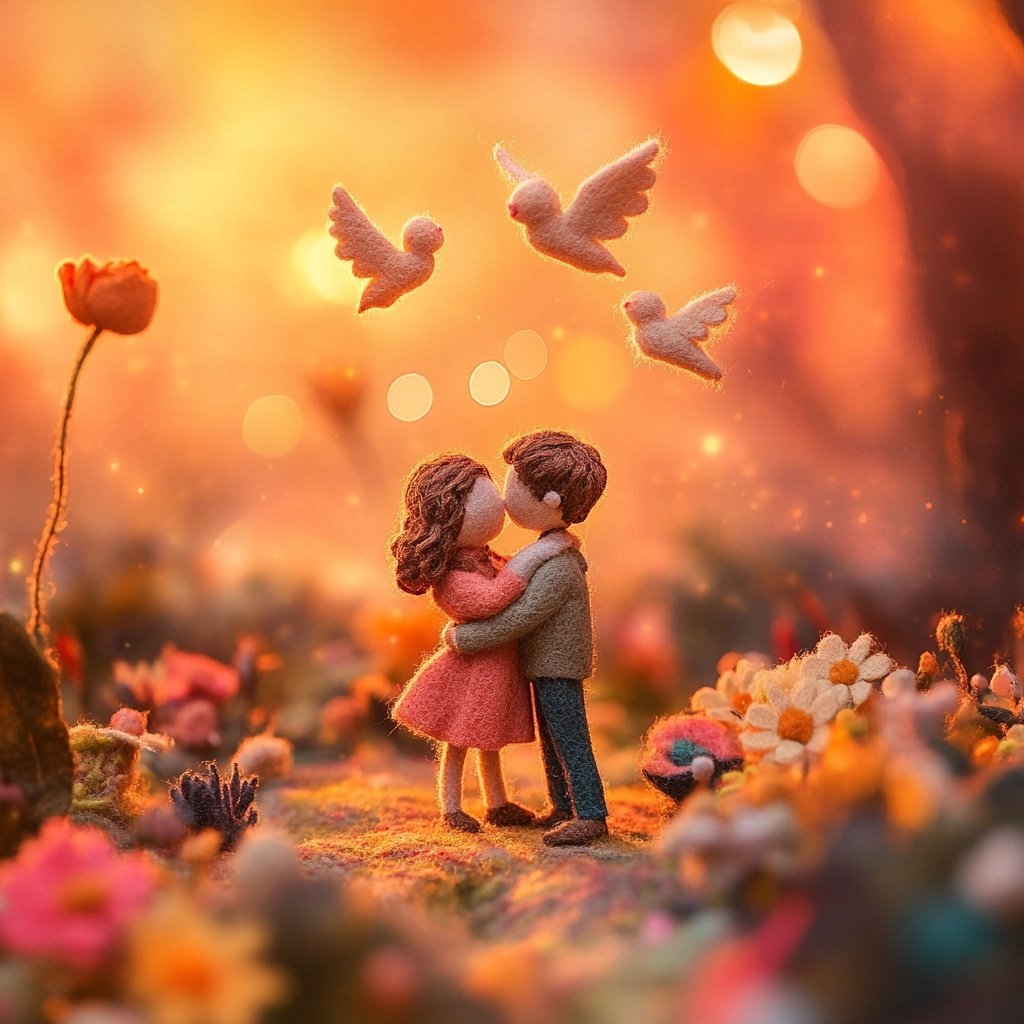 Good morning Dreamers, it's been a while! I'm filling in for Rich today and our lesson is called fun with felt. We did this one once before and the results were fantastic. 

SAMPLE PROMPT - Create a felt-like scene featuring figurines of a man and a woman hugging, crafted from