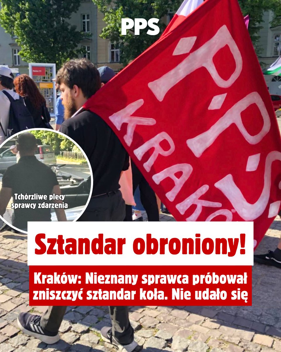 Sztandar obroniony! Wczoraj na krakowskich obchodach 1 Maja nieznany sprawca chciał wyrwać i zniszczyć nasz sztandar.

Zdążył uderzyć towarzysza <a href="/A_Salwinski/">Antoni Salwiński</a> , ale odpowiedzieliśmy tak, że wkrótce potem sam uciekał w popłochu. 1/2