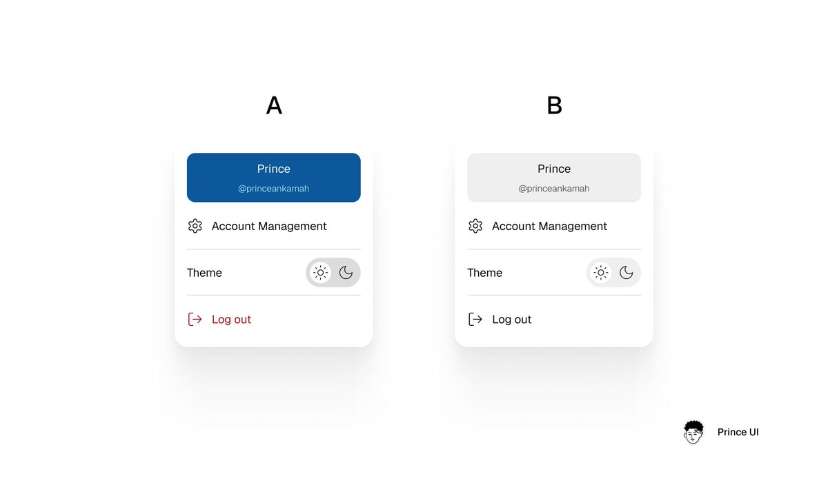 calledoutprince's tweet image. Designed a dropdown menu for an account management popup. 
Which works best?

Left: Blue header, name, username, theme toggle, log-out.

Right: Same but with a subtle gray background.
Thoughts? 

#UIUX #DesignFeedback #UXDesign #ProductDesign #WebDesign #Designers #TechClients