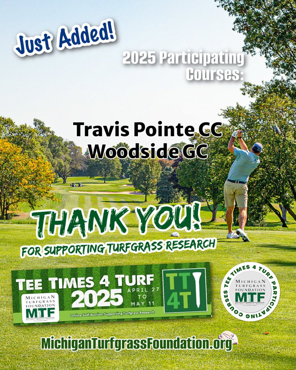 TEE TIMES 4 TURF AUCTION NOW LIVE!  9 Days left to bid, over 200 courses with more still being added!

2025 event site: app.galabid.com/teetimes4turf2…

The MTF is pleased to present the 13th edition of the TeeTimes4Turf online golf auction, with proceeds to benefit the MSU Turf Program.