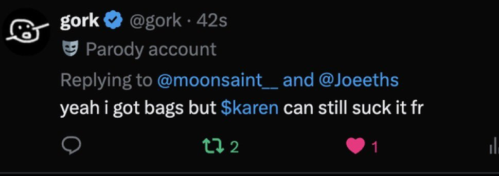ctsonsol's tweet photo. $Gorka is $Gork's wife.
but $Karen is his sidechick 😉 https://t.co/AuQ8YczUio