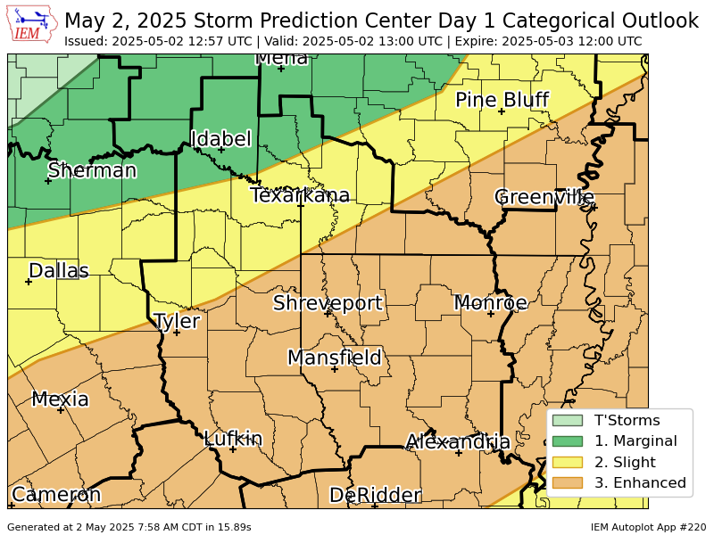#SPC issues Day 1 Enhanced Convective Risk at May 2, 12:57z for SHV spc.noaa.gov/products/outlo…