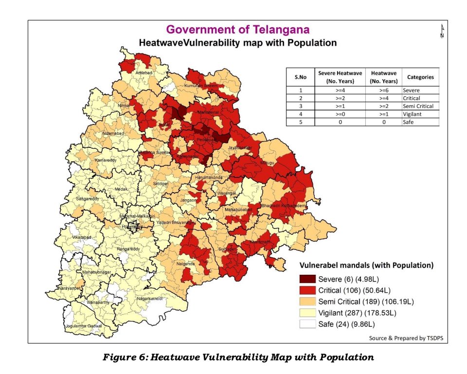 #Telangana Heatwave Action Plan (HAP) 2025 was released today by Minister P Srinivas Reddy garu
In addition to detailed HAP for all 33 districts, it has detailed analysis of heat stress &amp; vulnerability. 
Heatwave is already notified as State specific Disaster by the state earlier