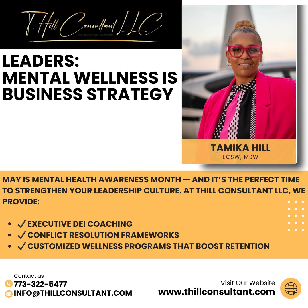 Tamika Hill (@thillconsultant) on Twitter photo Letβs build a workplace where people AND profits thrive.
π 773-322-5477 | βοΈ info@thillconsultant.com | π thillconsultant.com
#MentalHealthAwarenessMonth #LeadershipWellness #MayMatters #THillLeadership Letβs build a workplace where people AND profits thrive.
π 773-322-5477 | βοΈ info@thillconsultant.com | π thillconsultant.com
#MentalHealthAwarenessMonth #LeadershipWellness #MayMatters #THillLeadership