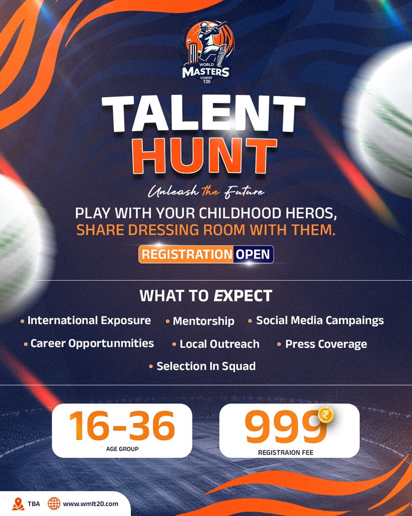 this incredible opportunity to showcase your skills on a grand stage. Registration is officially open—seize the moment and join us for an unforgettable experience filled with cricket and camaraderie.let's make history together! 🏏✨ #WorldMastersLeague #T20TalentHunt