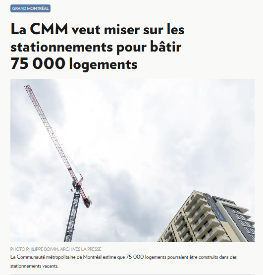 CMM_info's tweet photo. Pour lutter contre la pĂ©nurie de logements dans le #GrandMtl, il faut construire + et + vite. La CMM propose de profiter des grands stationnements et des espaces commerciaux qui peuvent ĂȘtre densifiĂ©s pour construire de nouveaux logements. #pmad Ă lire đ
https://t.co/L8eMp13aWz https://t.co/Xa8Utzdkeq