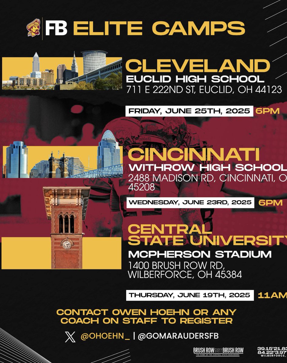 Central State Football Camps are HERE! Come learn and get coached by the BEST! Compete, Learn, and Get Noticed!!!

Fill out the link in the bio to register now!