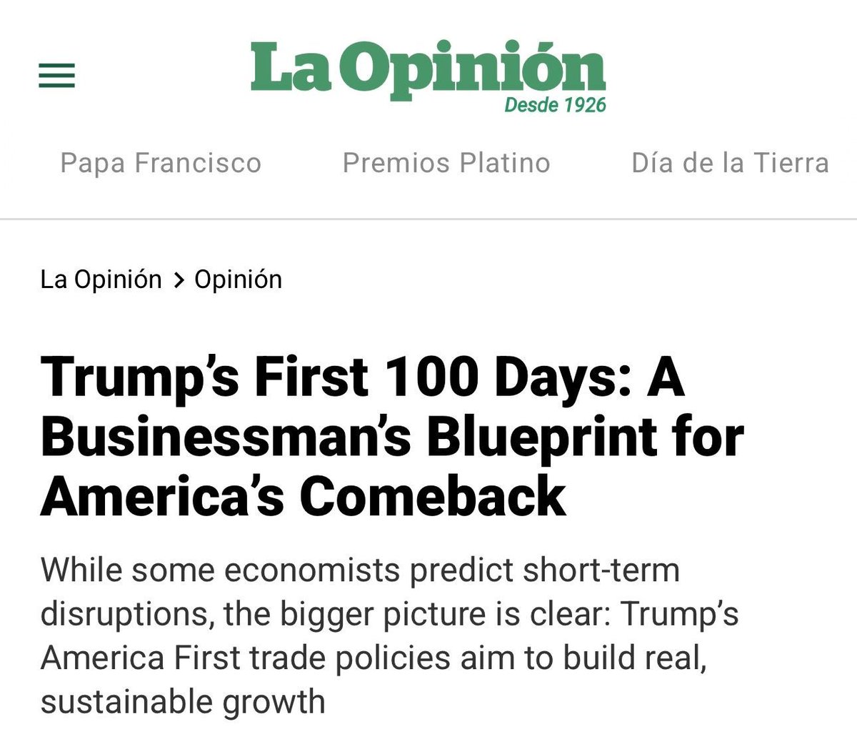 I got to pen an opinion article on Trump's First 100 days La Opinion: 

Trump’s First 100 Days: A Businessman’s Blueprint for America’s Comeback - La Opinión laopinion.com/2025/04/30/tru…
