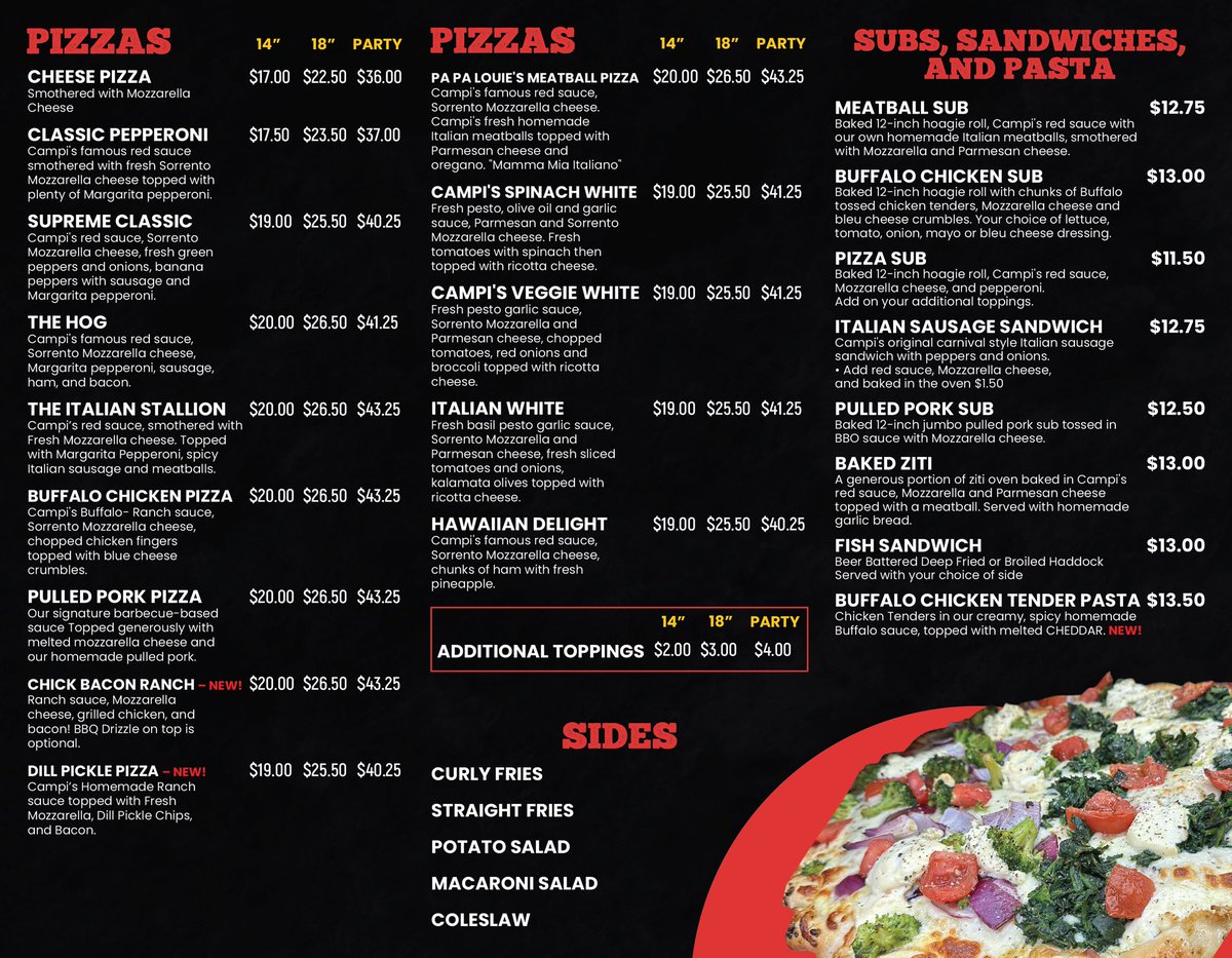 The Official 2025 Boardwalk Menu is Here!  
Get ready, folks—Campi's Pizza is bringing the heat! Our soft opening is just around the corner, and trust us, it’s coming sooner than you think! Stay tuned for a slice of something special! 🍕 LIKE AND SHARE TO SPREAD THE NEWS! Comment