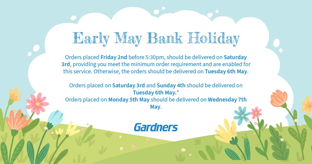 Our Sales Office will be closed on Monday for the Bank Holiday. 
Below are the delivery times for orders. International customers may experience a delay of up to 24 hours on orders over this period.

We'd like to wish our customers a lovely sunny weekend!