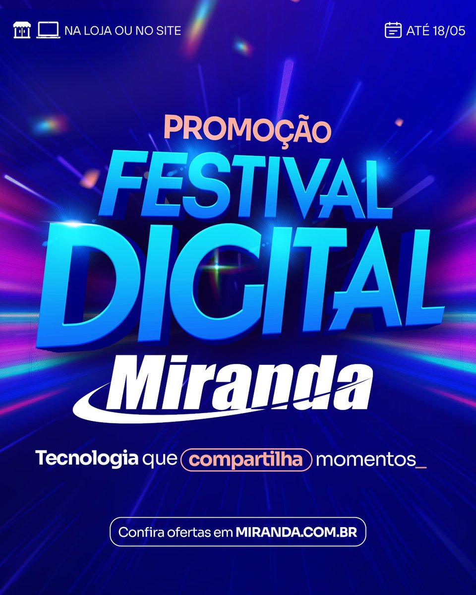 📱🎉 No Festival Digital Miranda, a tecnologia conecta você aos melhores momentos! Encontre smartphones, notebooks, tablets, eletroportáteis e muito mais. Compre nas lojas, no televendas ou no site: miranda.com.br/festivaldigital