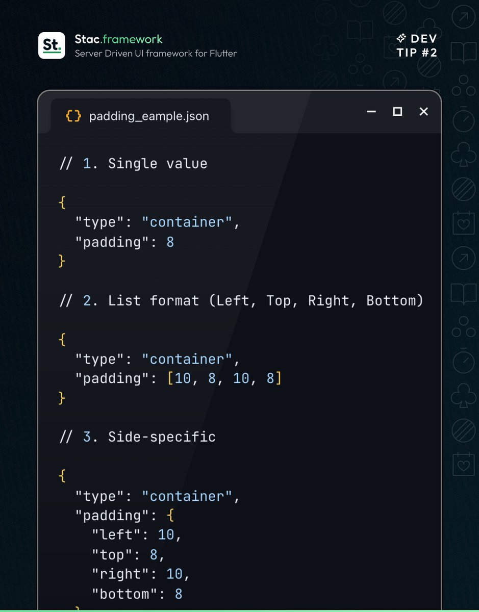 stac_dev's tweet image. 💡 Stac Dev Tips #2 
You can define padding &amp;amp; margin in 3 ways in Stac 📦👇

🔹 Single value → &quot;padding&quot;: 8
🔹 List format → &quot;padding&quot;: [10, 8, 10, 8] (Left, Top, Right, Bottom)
🔹 Side-specific → &quot;padding&quot;: {&quot;left&quot;: 10, &quot;top&quot;: 8, &quot;right&quot;: 10, &quot;bottom&quot;: 8}

#StacDev