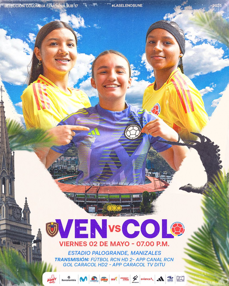 ¡𝑬𝒔𝒕𝒂𝒎𝒐𝒔 𝒍𝒊𝒔𝒕𝒂𝒔 𝒑𝒂𝒓𝒂 𝒖𝒏 𝒏𝒖𝒆𝒗𝒐 𝒓𝒆𝒕𝒐! ✌️👌

🆚 🇻🇪
🗓 Viernes 2 de mayo 
🕞 7:00 pm (hora COL)
🏟 Estadio Palogrande, Manizales 
🏆 CONMEBOL Sub 17 Fem 2025
📺 GolCaracol HD2, App Caracol TV DITU, App RCN, YouTube RCN

#VenConColombia🇨🇴 
#LaSeleNosUne🇨🇴