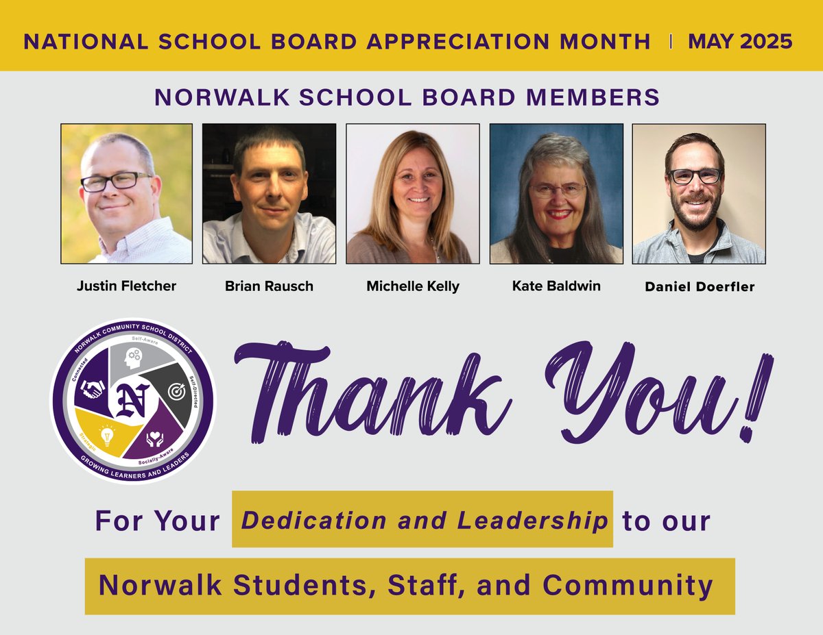 🌟 May is School Board Appreciation Month! 🌟
We’re deeply grateful to our Norwalk CSD Board members—your care, leadership, and service make a lasting impact on our students and community. 💜📚
#SchoolBoardAppreciationMonth #growinglearnersandleaders #ThankYou