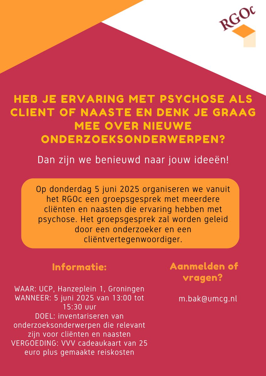 Vanuit het RGOc wordt er een focusgroep georganiseerd op 5 juni, voor  cliënten en naasten van mensen met psychose gevoeligheid. Je kunt je hiervoor opgeven bij Meike Bak via het vermelde email adres hieronder.