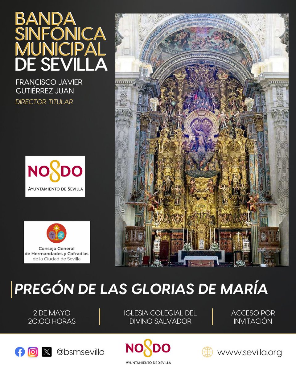 Banda Sinfónica Municipal de Sevilla (@bsmsevilla) on Twitter photo Coincidiendo con el cambio en el tiempo litúrgico, se celebra el 𝗣𝗿𝗲𝗴𝗼́𝗻 𝗱𝗲 𝗹𝗮𝘀 𝗚𝗹𝗼𝗿𝗶𝗮𝘀 𝗱𝗲 𝗠𝗮𝗿𝗶́𝗮, un acto al que la <a href="/BSMSevilla/">Banda Sinfónica Municipal de Sevilla</a> acude de manera habitual cada año de la mano de nuestro Área de Fiestas Mayores del <a href="/Ayto_Sevilla/">Ayuntamiento de Sevilla</a> y <a href="/ElConsejoSev/">Consejo HH y CC Sevilla</a> Coincidiendo con el cambio en el tiempo litúrgico, se celebra el 𝗣𝗿𝗲𝗴𝗼́𝗻 𝗱𝗲 𝗹𝗮𝘀 𝗚𝗹𝗼𝗿𝗶𝗮𝘀 𝗱𝗲 𝗠𝗮𝗿𝗶́𝗮, un acto al que la <a href="/BSMSevilla/">Banda Sinfónica Municipal de Sevilla</a> acude de manera habitual cada año de la mano de nuestro Área de Fiestas Mayores del <a href="/Ayto_Sevilla/">Ayuntamiento de Sevilla</a> y <a href="/ElConsejoSev/">Consejo HH y CC Sevilla</a>