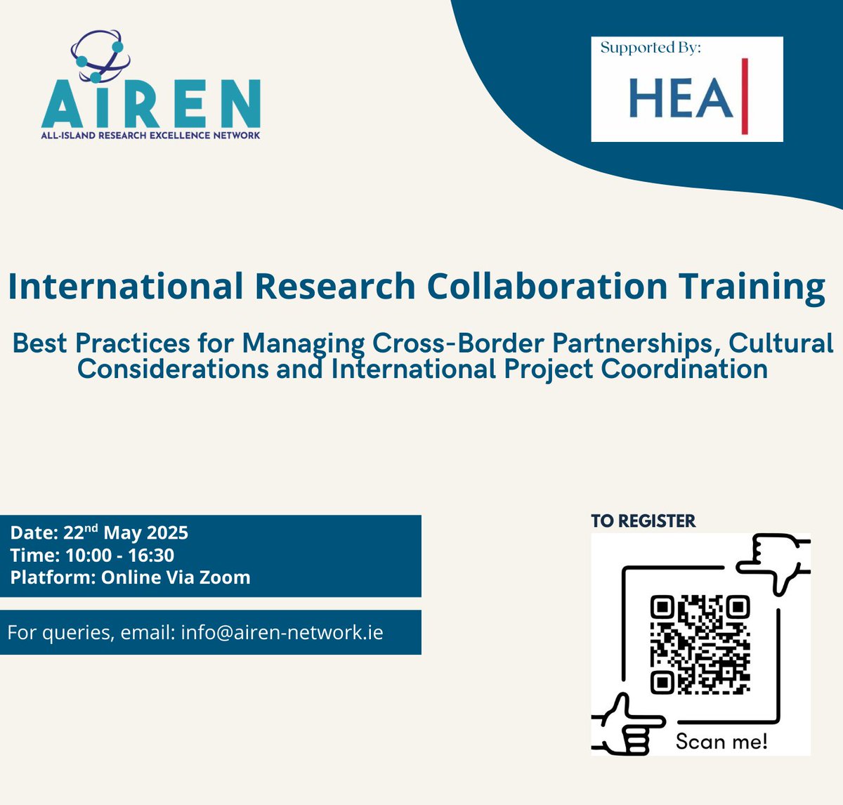 AirenNetwork's tweet image. 📣 Join AIREN&apos;s Cross-Border Research Collaboration workshop on May 22! Online training with Jon Brookes. 🌍🤝
Register now: eventbrite.com/e/internationa…

 #AIREN #CrossBorderResearchManagemnet #ProfessionalDevelopment #ResearchAdministration