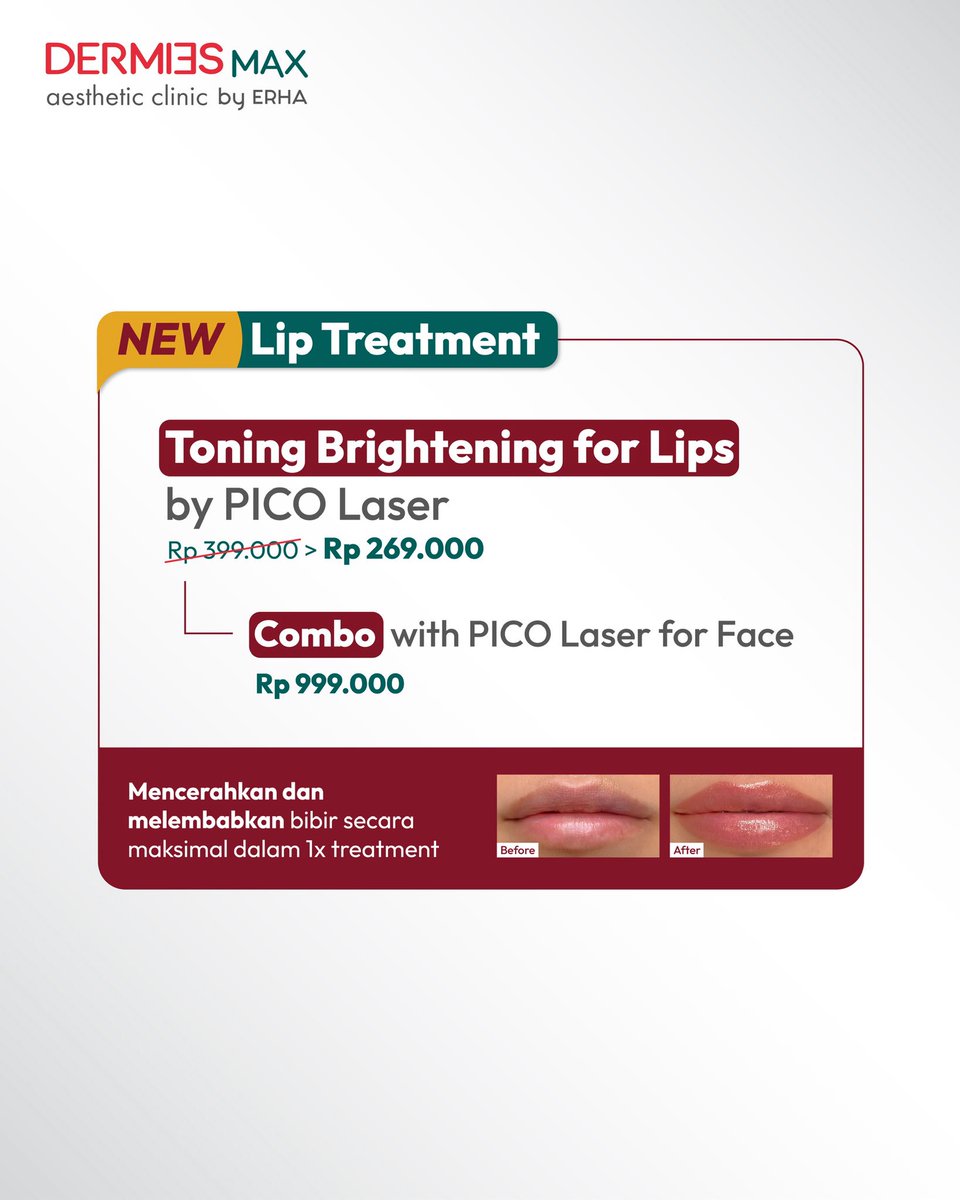 DermiesMax's tweet photo. Good news! Dermies Max by ERHA baru saja launching 3 treatment terbaru dengan harga spesial yang nggak boleh kamu lewatkan:
+ Double Glow Laser by PICO
+ Triple Glow Laser by PICO
+ Toning Brightening for Lips by PICO https://t.co/zByMpPjzTl