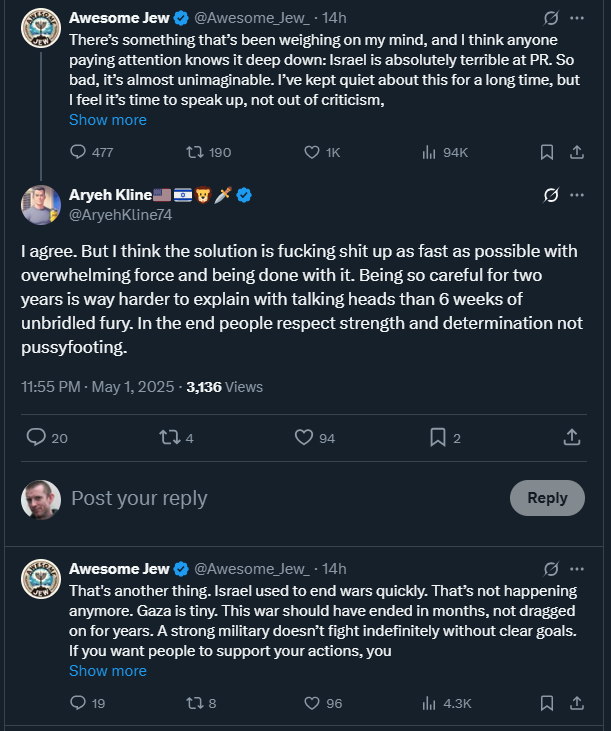 Hearing that Israel's PR problem is down to the fact that they haven't done their absolute total genocide quickly and brutally enough.