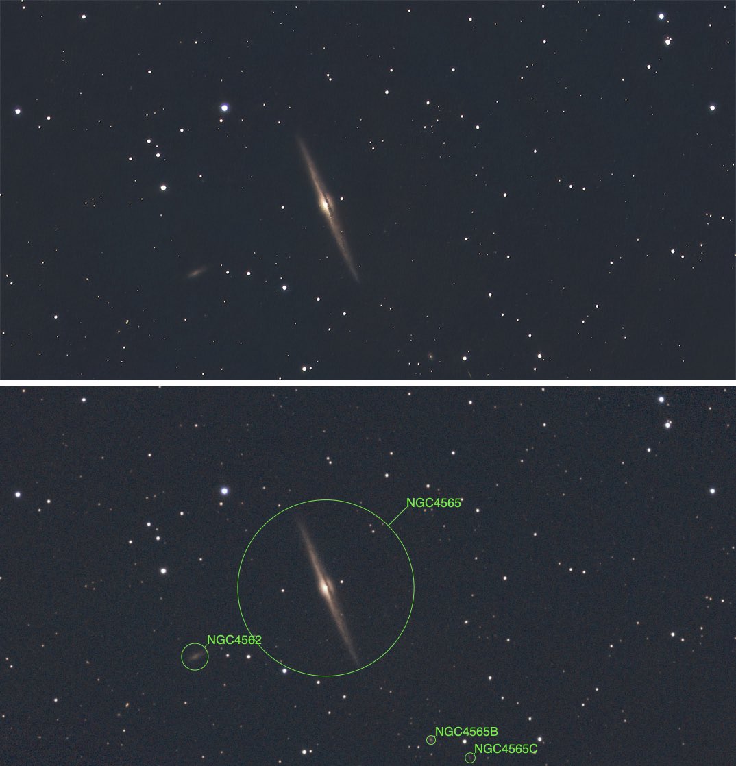 Breizhcomet's tweet photo. NGC4565, la galaxie de l'aiguille. Elle fait partie de la constellation de la Chevelure de Bérénice reine d’Égypte qui aurait sacrifié sa chevelure aux Dieux À 38 millions d'années-lumière de la Terre cette immense galaxie spirale qui fait deux fois la taille de la Voie lactée 😵‍💫 https://t.co/ZYQGTMVoZQ