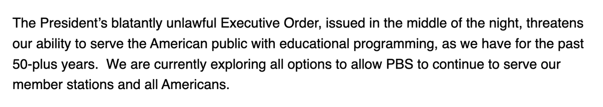 PBS Chief Executive Paula Kerger calls President Trump's executive order defunding the Corporation for Public Broadcasting "blatantly unlawful":