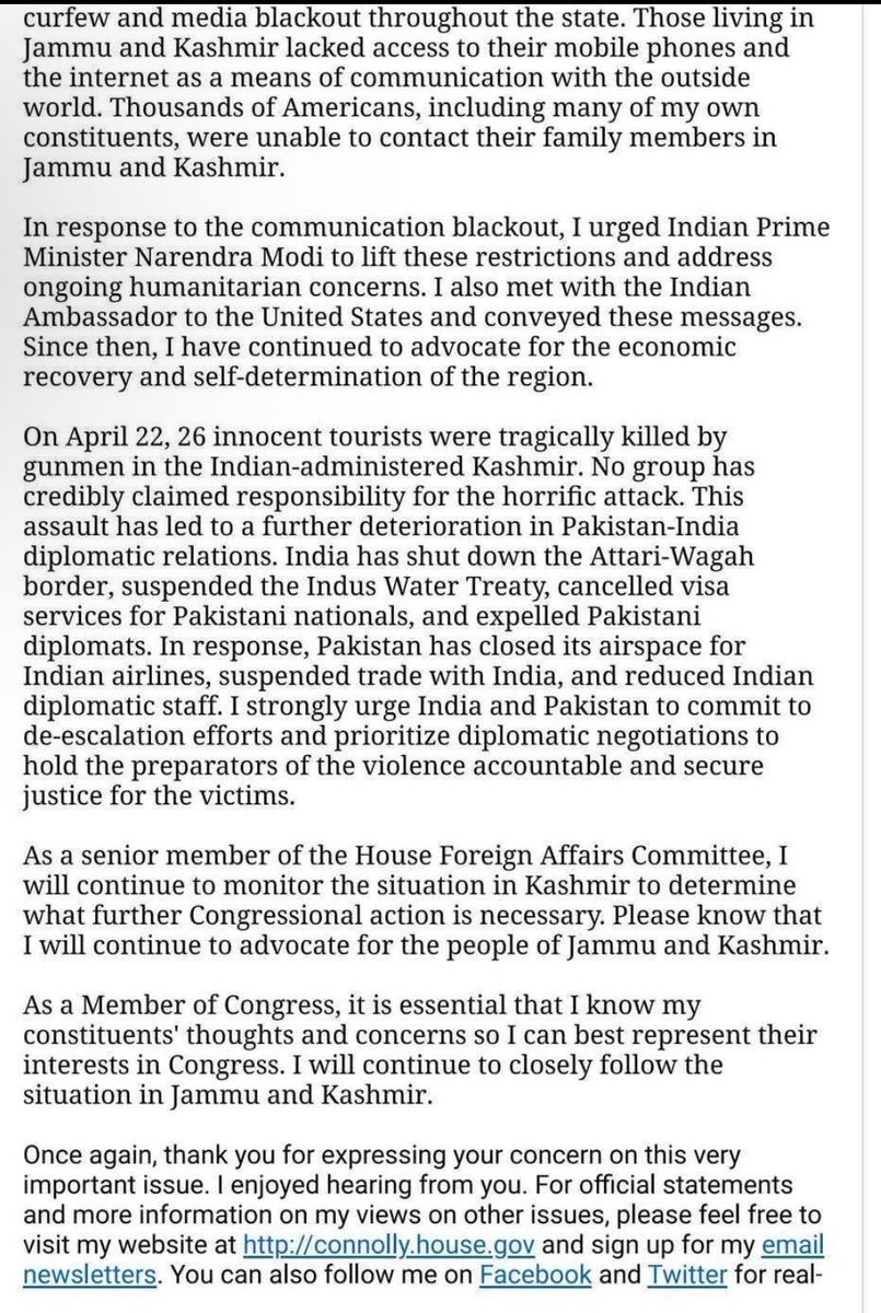 Hindu American Foundation (@hinduamerican) on Twitter photo Shocking!
After a constituent sent a letter to her congressman, <a href="/GerryConnolly/">Rep. Gerry Connolly</a>, asking for support after the Pahalgam terror attack—as part of HAF’s letter writing campaign—she received this response.
<a href="/GerryConnolly/">Rep. Gerry Connolly</a> doesn’t even mention victims were Hindu, calls the terrorists Shocking!
After a constituent sent a letter to her congressman, <a href="/GerryConnolly/">Rep. Gerry Connolly</a>, asking for support after the Pahalgam terror attack—as part of HAF’s letter writing campaign—she received this response.
<a href="/GerryConnolly/">Rep. Gerry Connolly</a> doesn’t even mention victims were Hindu, calls the terrorists