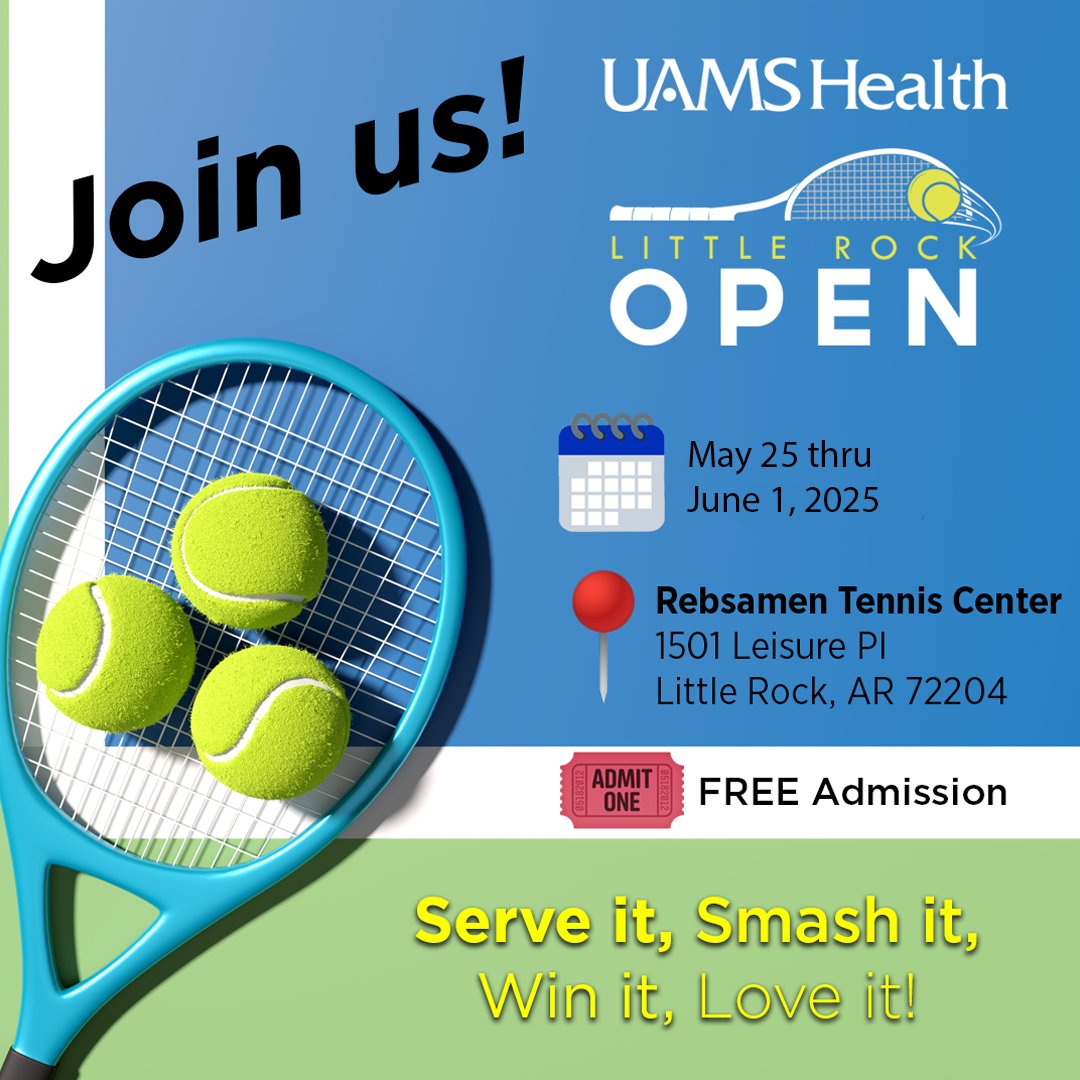 UAMS Health Little Rock Open (@littlerockopen) on Twitter photo Don’t forget, the 2025 UAMS Health Little Rock Open starts in just a few days! 🎾 It is the 3rd year for UAMS Health to host the tournament with proceeds supporting <a href="/uamscancer/">UAMS Cancer</a> Bone Marrow program! Admission is free! Come join us! littlerockopen.com Don’t forget, the 2025 UAMS Health Little Rock Open starts in just a few days! 🎾 It is the 3rd year for UAMS Health to host the tournament with proceeds supporting <a href="/uamscancer/">UAMS Cancer</a> Bone Marrow program! Admission is free! Come join us! littlerockopen.com
