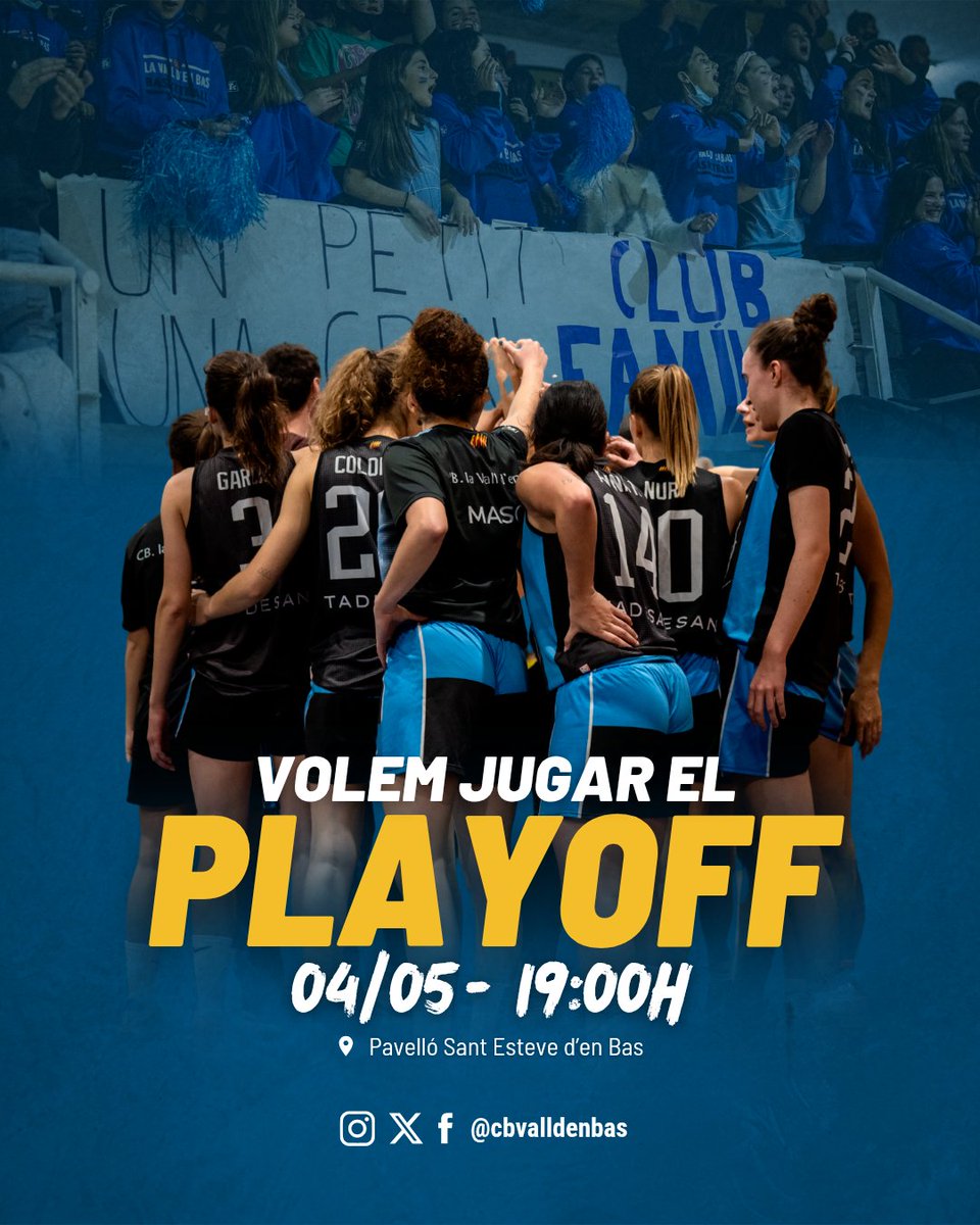 💥 𝙂𝙖𝙣𝙚𝙨 𝙙𝙚 𝙥𝙡𝙖𝙮𝙤𝙛𝙛 💥

🏀 El femení necessita guanyar contra el <a href="/femeniosona/">Femení Osona</a> per poder disputar el play-off d'ascens.

🥁 Diumenge a les 19:00h fem que tremoli 𝙇𝘼 𝙑𝘼𝙇𝙇 𝘿'𝙀𝙉 𝘽𝘼𝙎! 🔥

✅ Sabem que no fallaràs 🤝🏻

🔵⚫

#SomhiEnbas #LaVallBull #FemClub