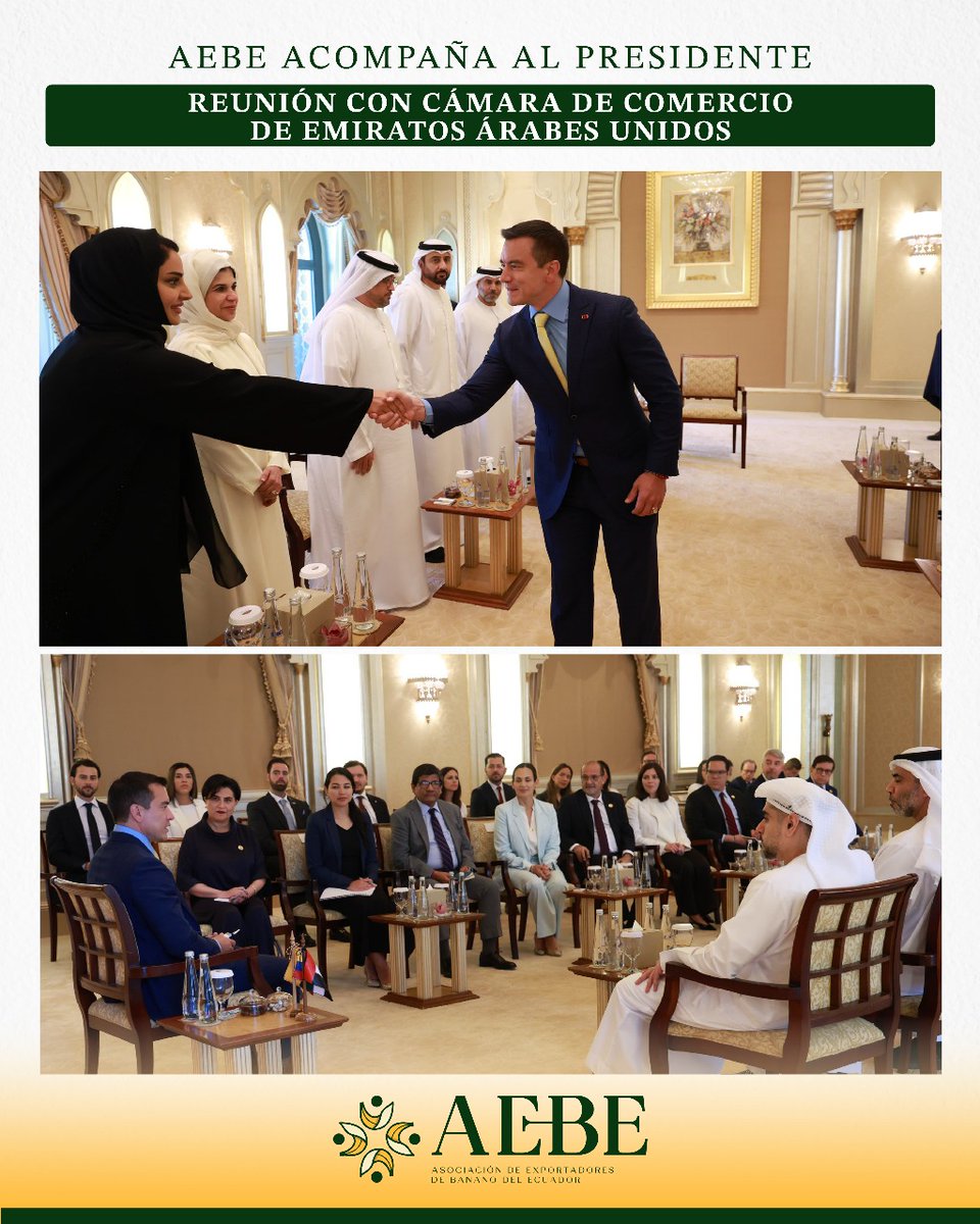 AEBE 🇪🇨🍌 (@aebeecuador) on Twitter photo En el marco de la visita oficial del presidente <a href="/DanielNoboaOk/">Daniel Noboa Azin</a> a Emiratos Árabes Unidos, AEBE marcó presencia institucional a través de su vicepresidenta, Marianela Ubilla, quien participó en la reunión sostenida con la Cámara de Comercio de dicho país. En el marco de la visita oficial del presidente <a href="/DanielNoboaOk/">Daniel Noboa Azin</a> a Emiratos Árabes Unidos, AEBE marcó presencia institucional a través de su vicepresidenta, Marianela Ubilla, quien participó en la reunión sostenida con la Cámara de Comercio de dicho país.