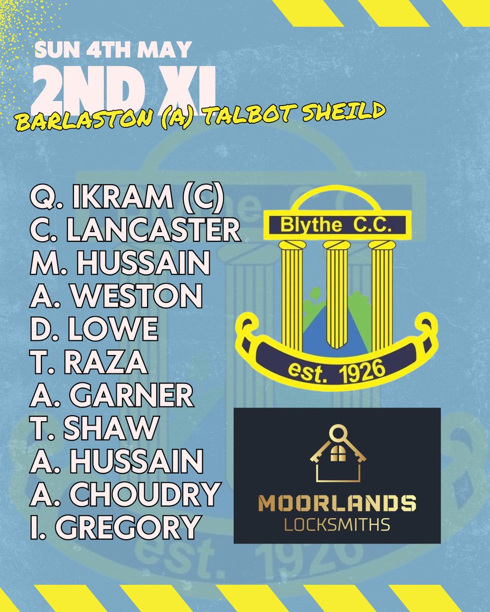 This weekends teams 🏏

Our 1st XI host Sandyford while our 2nd XI travel to Meakins 3rds.
Our 2nd XI are also is Talbot Sheild action on Sunday &amp; travel to Barlaston.

Good luck to all the players involved!
#UpTheBlythe