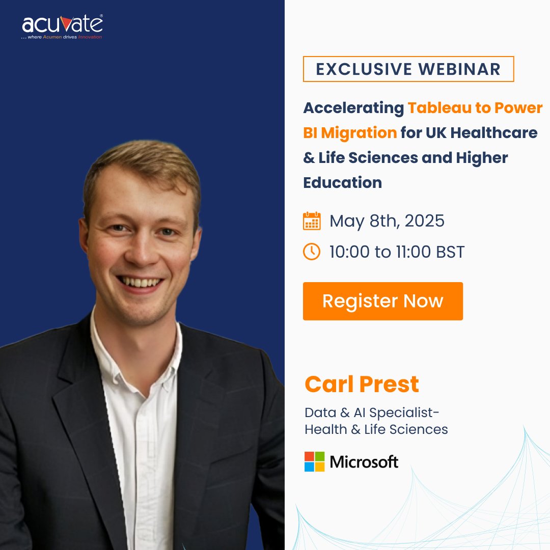 Acuvate's tweet image. Join Carl Prest, Data &amp;amp; AI Specialist - Health &amp;amp; Life Sciences at Microsoft for an exclusive collaborative webinar to deep dive into latest innovations and capabilities of Microsoft Power BI.

🔗hubs.li/Q03kPdTw0  

#PowerBI #TableauMigration #HealthcareAnalytics