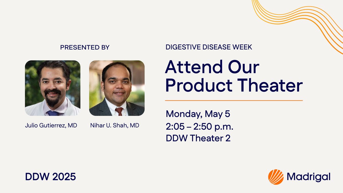 Madrigal Pharmaceuticals (@madrigalpharma) on Twitter photo Join us at the <a href="/DDWMeeting/">Digestive Disease Week</a> for a product theater presented by Julio Gutierrez, MD, Scripps Health and Nihar U. Shah, MD, Sutter East Bay Medical Foundation. View more details below. #DDW2025 Join us at the <a href="/DDWMeeting/">Digestive Disease Week</a> for a product theater presented by Julio Gutierrez, MD, Scripps Health and Nihar U. Shah, MD, Sutter East Bay Medical Foundation. View more details below. #DDW2025