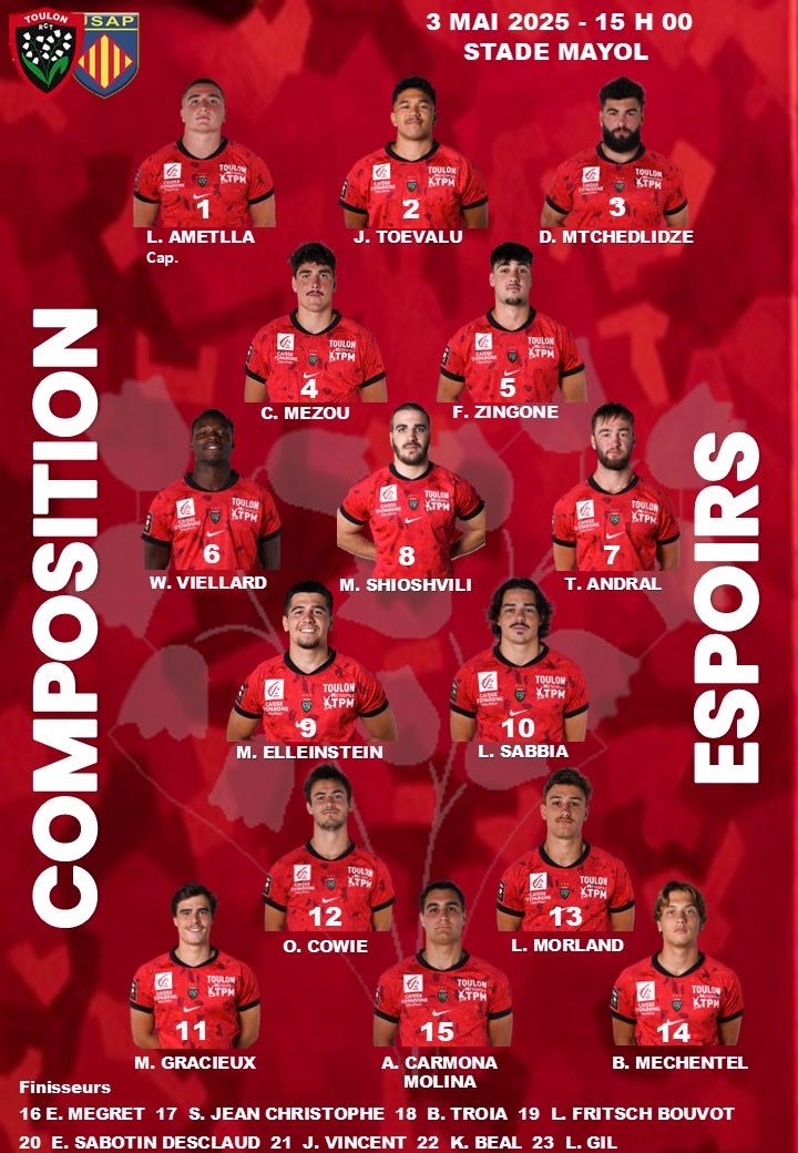 𝗟𝗔 𝗖𝗢𝗠𝗣𝗢 🔴⚫️

Découvrez nos 23 Minots qui affronteront l'USAP ce samedi à 15h au Stade Mayol et en direct sur notre chaine YouTube 🎥

Entrée gratuite ! Venez les supporter !

#ParceQueToulon