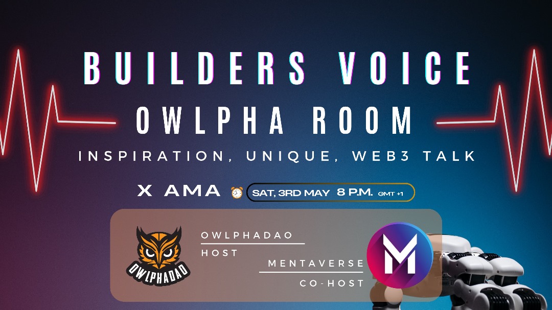 OwlphaDAO_'s tweet photo. BUILDERS, LET’S TALK!
This Saturday for a powerful #BuildersVoice AMA in the Owlpha Room!
We’re diving into:
• INSPIRATION
• UNIQUE BUILDER STORIES
• REAL WEB3 TALK
HOST: @OwlphaDAO_
CO-HOST: @mentaversenft
TIME: Sat, May 3rd — 7pm UTC
https://t.co/De2vc6R0D1
Be there🦉 https://t.co/QUVtwmnlVA