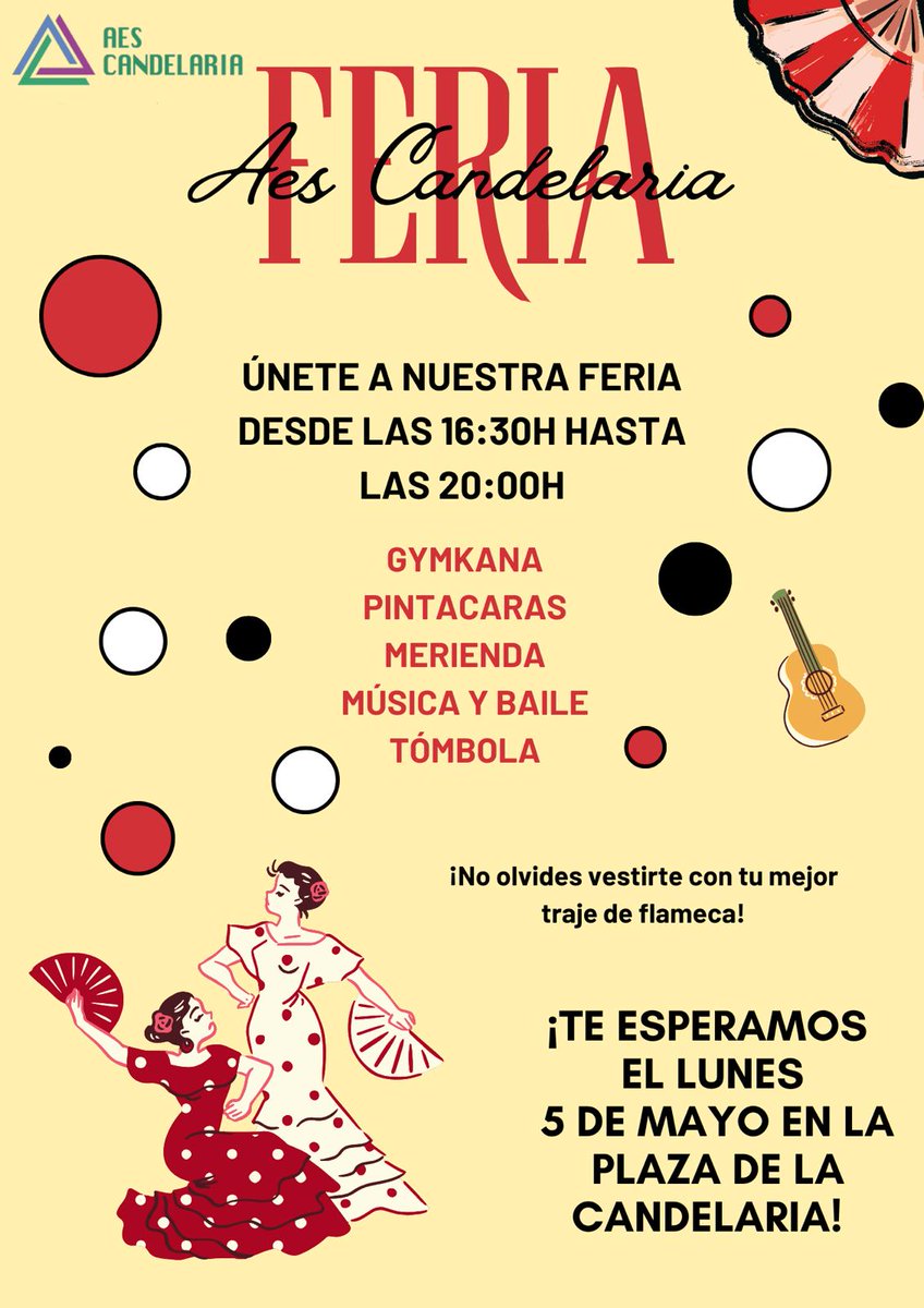 ¡Llega la FERIA AES Candelaria 2025!
Lunes 5 mayo · 16:30-20:00h
Plaza de la Candelaria
Gymkhana, merienda, música, pintacaras, tómbola...
¡Ven con traje o detalle flamenco!
¡Te esperamos con alegría y mucho arte! 🎉💃🏻