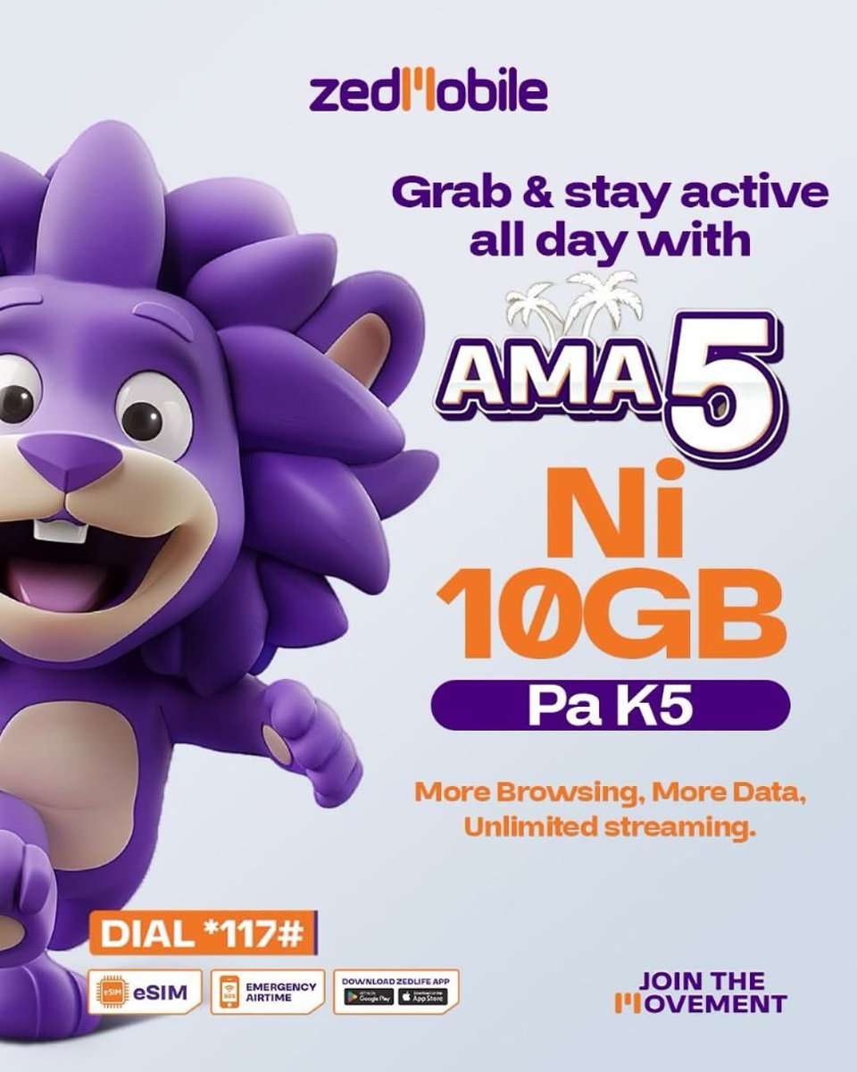 Big data, small price! Get 10GB for just K5 with ZedMobile’s AMA 5✋ The bundle is valid untill midnight.  Iyooo, ni deal ikali! 
Dial 117# and join the movement now!

#ZedMobile #JoinTheMovement #StayConnected #AMA5