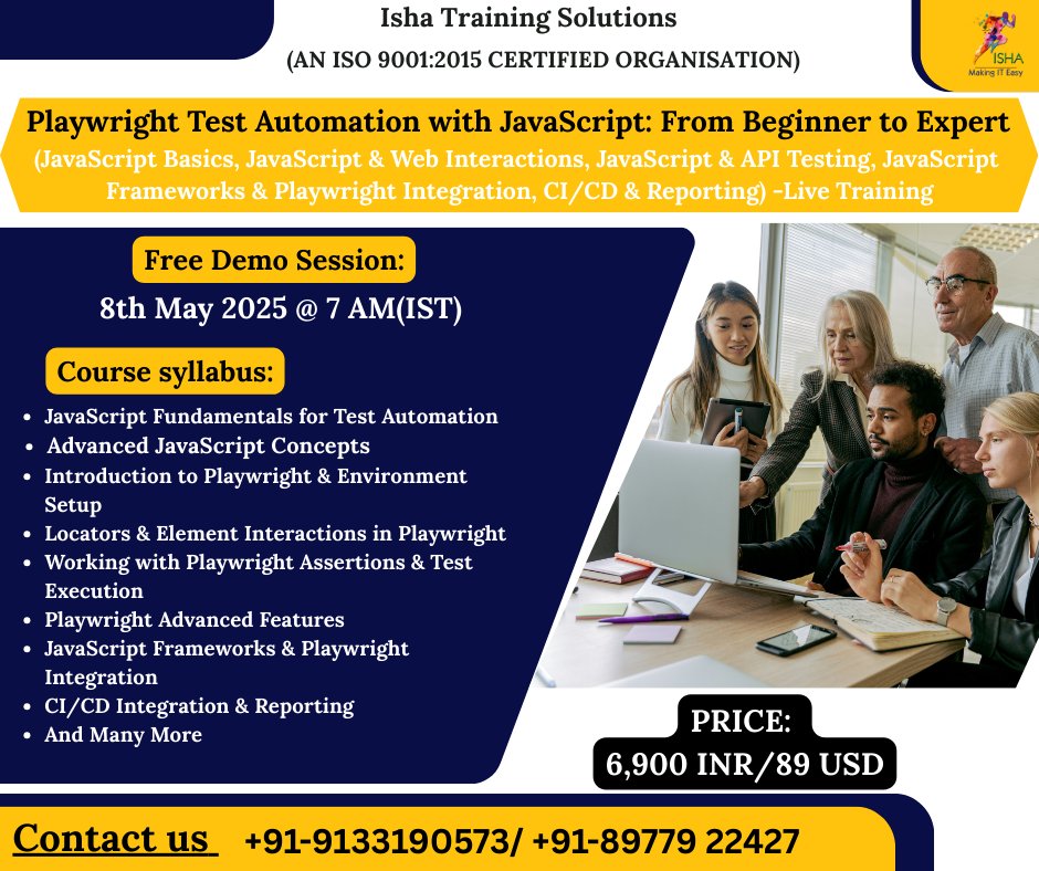 IshaKumargupta's tweet image. “Playwright Test Automation with JavaScript"– Live Training.
Free Demo On:
8th May @ 7AM(IST)/7th May @ 9:30PM(EST)/
8th May @ 2:30AM(BST)
For Registration, register through the below Link
docs.google.com/forms/d/1nJ5fG…
call/WhatsApp @ +91- 91331 90573
#PlaywrightJS #JavaScriptTesting