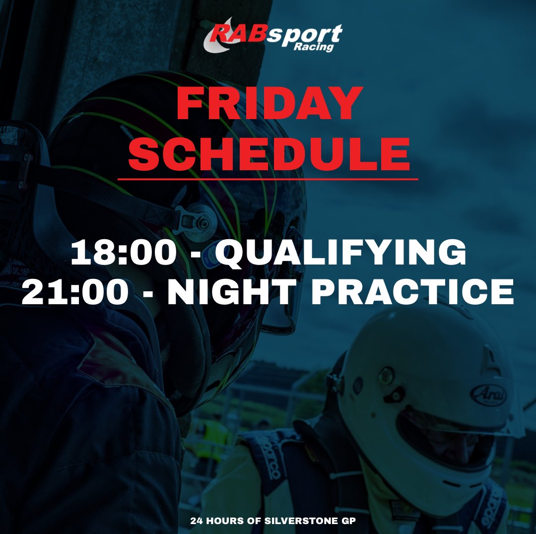 Day #️⃣1️⃣ of the <a href="/BrsccHQ/">BRSCC</a> 24 Hours of <a href="/SilverstoneUK/">Silverstone</a> GP is here! All track action for us takes place this evening as we build up to the big race! 👊🏁🇬🇧

⏱️ Live Timing ➟ tsl-timing.com/event/251831

#RABSport • <a href="/GalaPerformance/">Gala Performance</a> • <a href="/GalaTentUK/">Gala Tent UK</a> • #C1Racing • #Racing