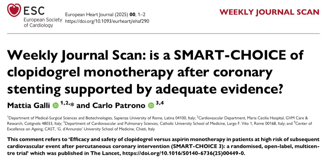 Mattia Galli (@mattiagalli10) on Twitter photo Aspirin or clopidogrel monotherapy for long-term antiplatelet therapy after PCI?
Prof. Patrono and I discuss the results of the SMART-CHOICE trial and critically appraise its findings in light of the broader body of evidence.
<a href="/ehj_ed/">EHJ Editor-in-Chief</a> <a href="/ESC_Journals/">European Society of Cardiology Journals</a>
bit.ly/4lXHO8t Aspirin or clopidogrel monotherapy for long-term antiplatelet therapy after PCI?
Prof. Patrono and I discuss the results of the SMART-CHOICE trial and critically appraise its findings in light of the broader body of evidence.
<a href="/ehj_ed/">EHJ Editor-in-Chief</a> <a href="/ESC_Journals/">European Society of Cardiology Journals</a>
bit.ly/4lXHO8t