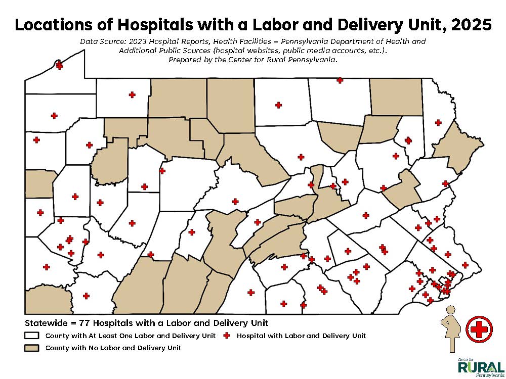 As of 2025, 77 hospitals in Pennsylvania provide labor and delivery services, with 26 located in rural counties. 🤰🏥

#DataGram rural.pa.gov/datagram/680/L…