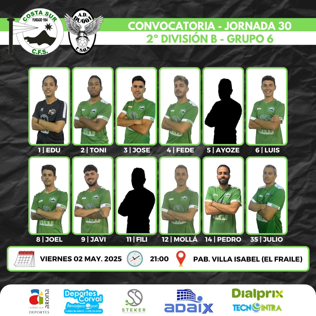 CFSCostaSur's tweet photo. 📄 CONVOCATORIA
🏆 SEGUNDA DIVISIÓN B

Nuestro entrenador David ha elegido a estos 12 jugadores que darán lo mejor de sí en el partido de la Jornada 30.

🛡️ @ADDuggi 
🗓️ Viernes 02/05
⌚ 21:00h 🇮🇨
🏟️ Pab. Villa Isabel (El Fraile)

#MareaVerde 💚🤍 https://t.co/KZ95r8tyDB