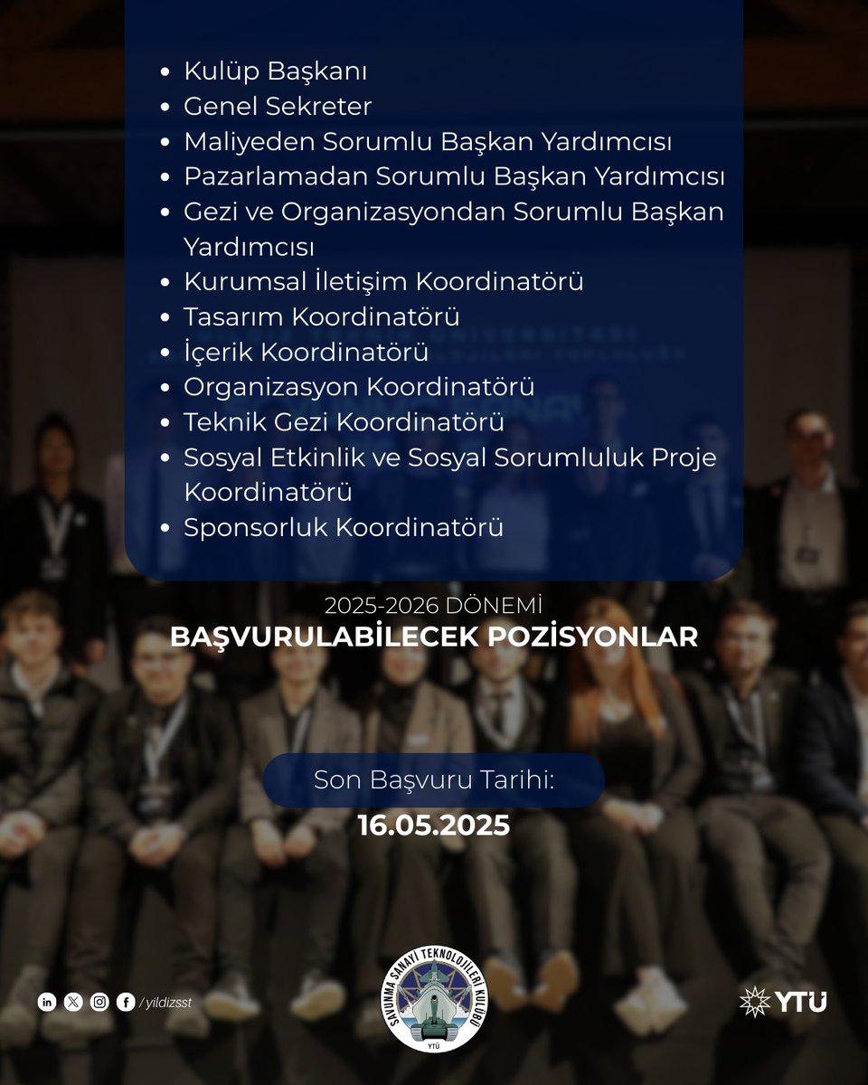 Savunma Sanayi Teknolojileri Kulübü yeni ekip arkadaşlarını arıyor! 

Ekibimizde yer alarak etkinliklerimizde görev almak, departmanlarımızda kurumsal iş hayatını deneyimlemek isteyen arkadaşlarımızı aramızda görmek için sabırsızlanıyoruz. 

Başvuru formu: forms.gle/26fM8CGVTYXdem…