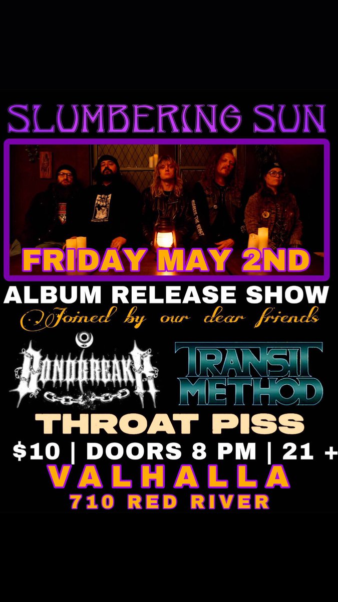 Transit Method (@transitmethod) on Twitter photo See ya tonight at <a href="/valhallatavern/">Valhalla Tavern</a> for one hell of a party!
9 - Throat Piss
10 - Transit Method
11 - Bondbreakr
12 - Slumbering Sun (album release) See ya tonight at <a href="/valhallatavern/">Valhalla Tavern</a> for one hell of a party!
9 - Throat Piss
10 - Transit Method
11 - Bondbreakr
12 - Slumbering Sun (album release)