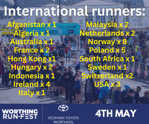 WELCOME TO WORTHING!
We have 38 international runners running on Sunday.