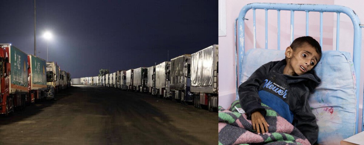 Israel blockiert 3.000 Trucks mit Hilfen an der Grenze zu #Gaza, während auf der anderen Seite die Kinder verhungern.

Die Welt schafft es nicht, dieses mörderische, genozidale Regime zu stoppen, und die Fotos werden als Zeugnisse unserer Schande in den Geschichtsbüchern landen.