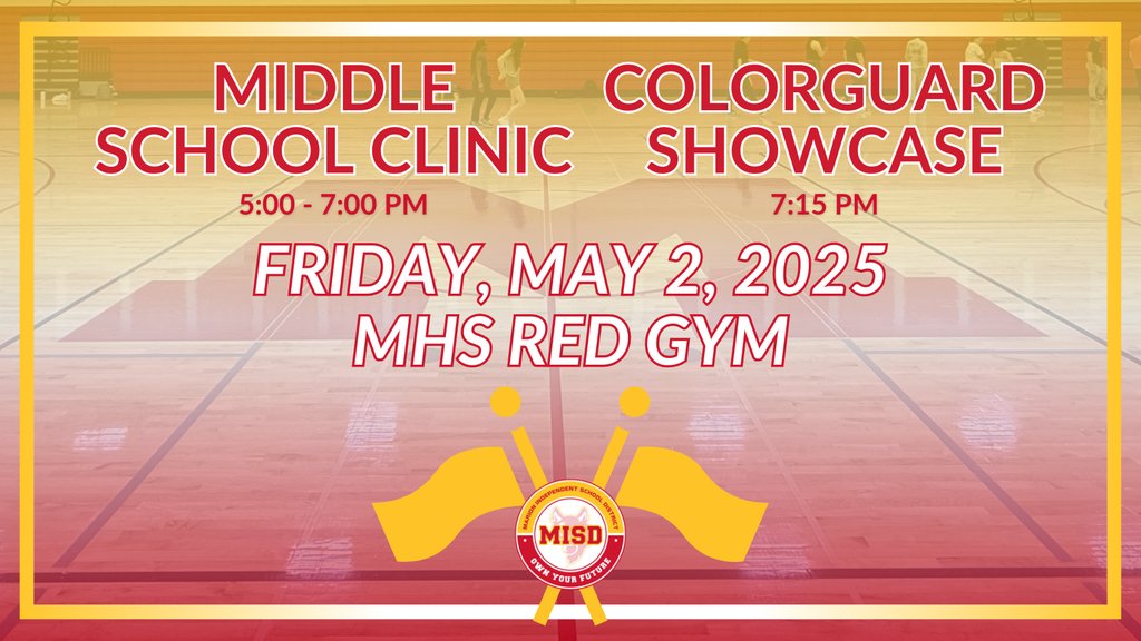 The Colorguard Showcase &amp; Middle School Clinic are happening today! 🙌

The Middle School Clinic is 5-7pm, followed by the Showcase at 7:15pm. We hope to see you at the MHS Red Gym! 

#MISDInspire #MISDOwnYourFuture